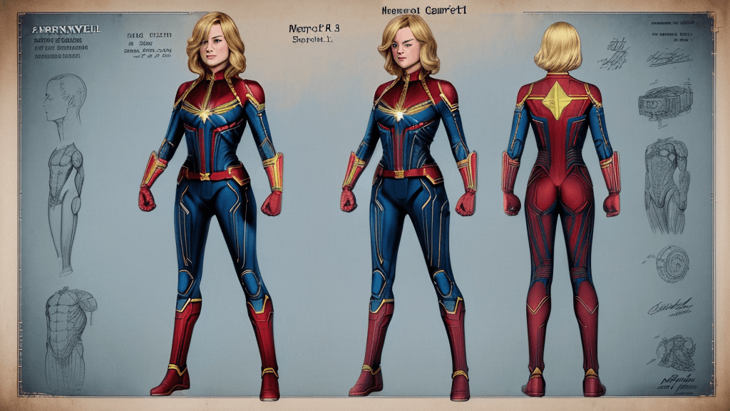 AI generated: blueprints of a Captain Marvel, patent illustration, Captain Marvel weapons, Captain Marvel armour, ...