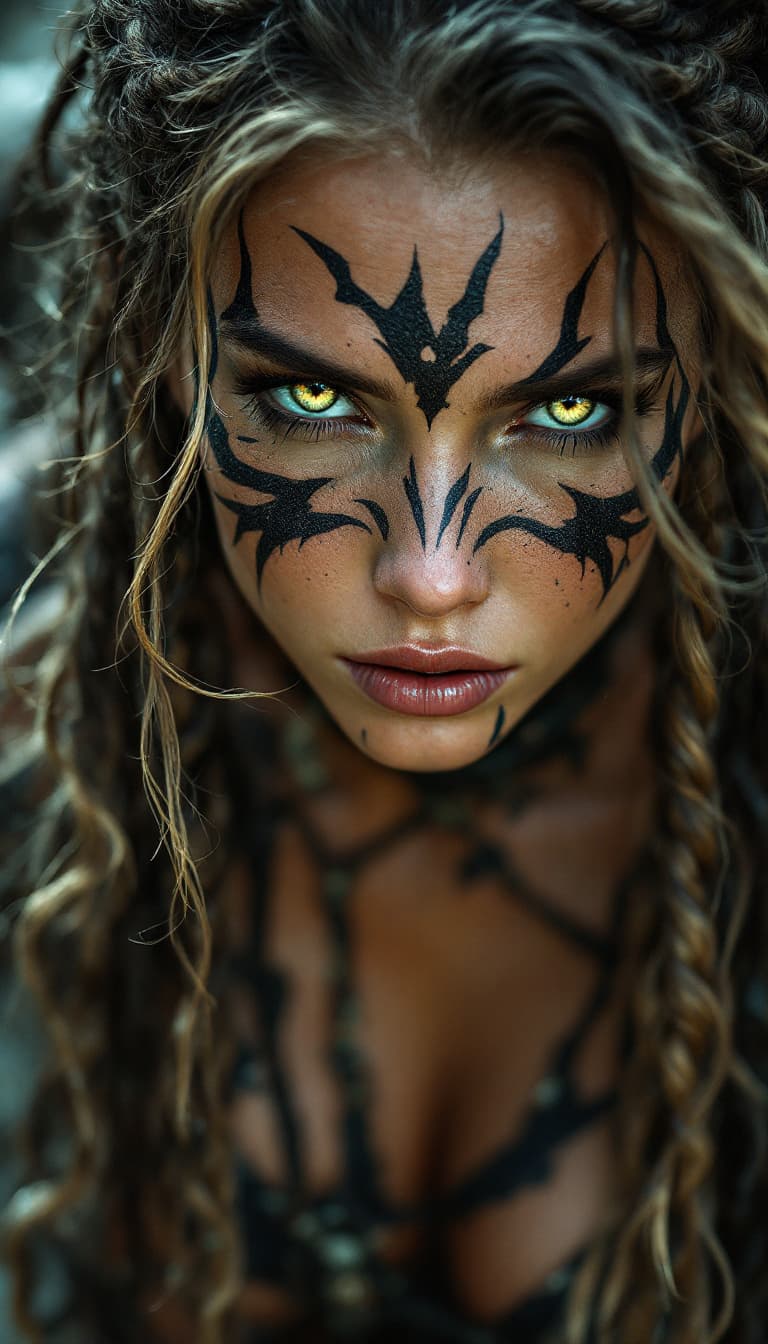AI generated: Female Norse berserker, striking green eyes with ritual paint around them, focused battle stare, pro...