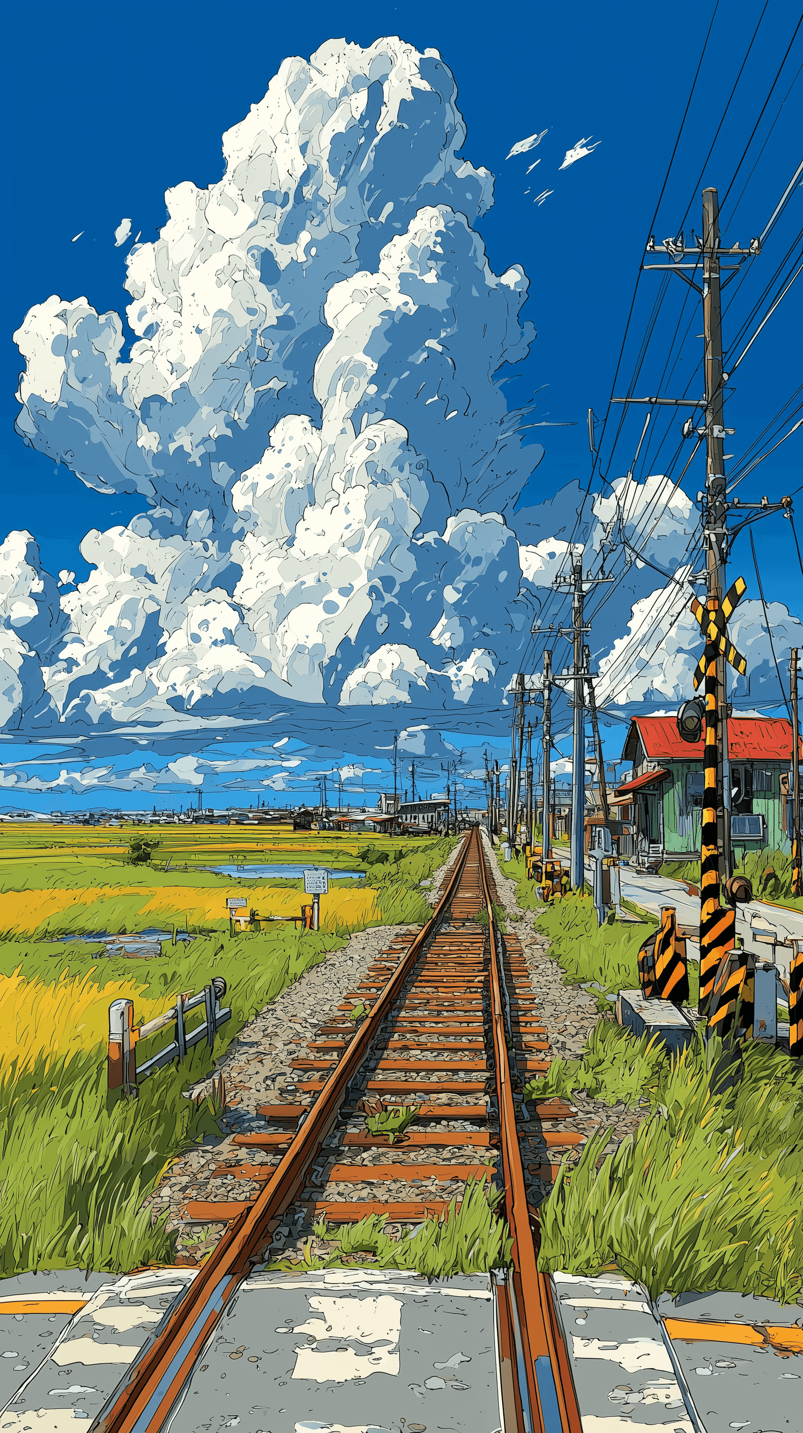 AI generated: artistic, railway crossing in fields, vast sky with towering summer cumulus, perspective, gouache wa...