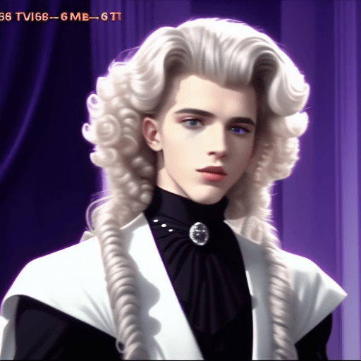 AI generated: VHS screengrab of the old VGRAF TV show, a model young man with white curly hair wearing a gothic go...