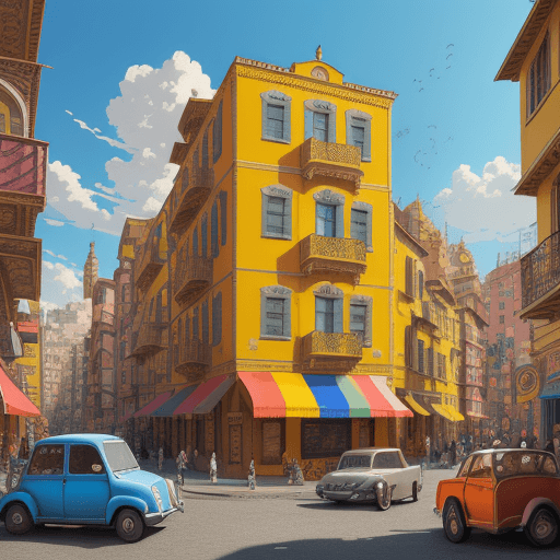 AI generated: a colorful building, in the style of intricate cityscapes, cartoon mis-en-scene, photo-realistic lan...