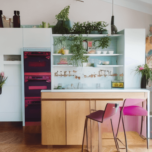AI generated: high resolution photography interior design, modern retro kitchen with island, conversation pit, woo...