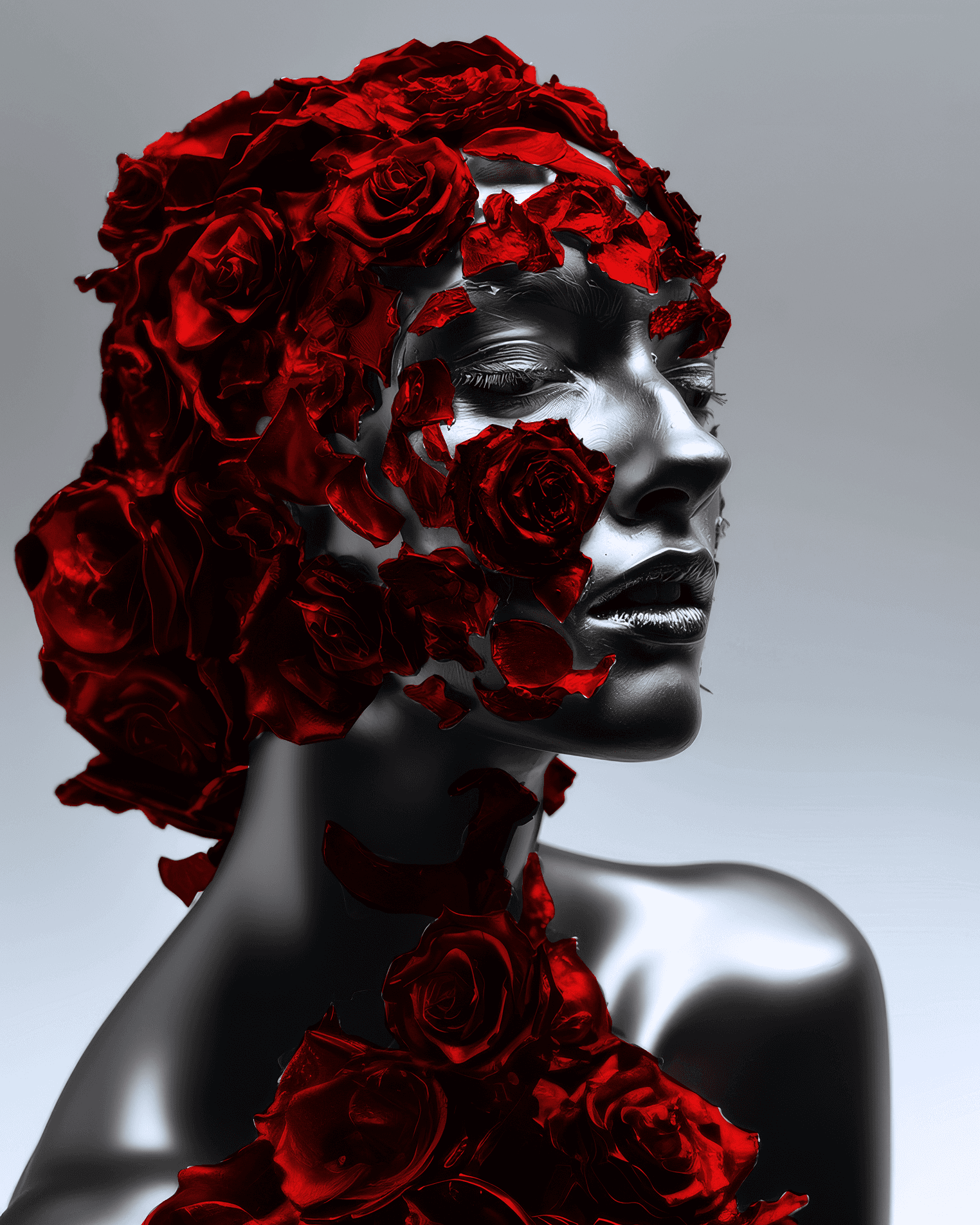 AI generated: a woman with roses on her nose, in the style of made of liquid metal, layered fabrications, nicola s...