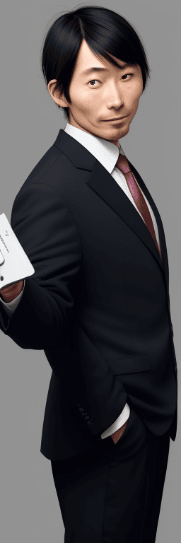 AI generated: A 40-year-old Japanese man wearing a suit, holding up and showing his driver's license. The image sh...