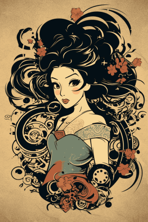 AI generated: T Shirt Design, Grunge Vector, Disney Princess Clipart, Symbol inspired by Naruto, Dark color scheme...