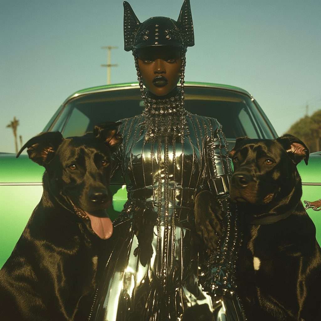 AI generated: hyperrealistic photo of a person that is half black woman half alien and is wearing futuristic metal...