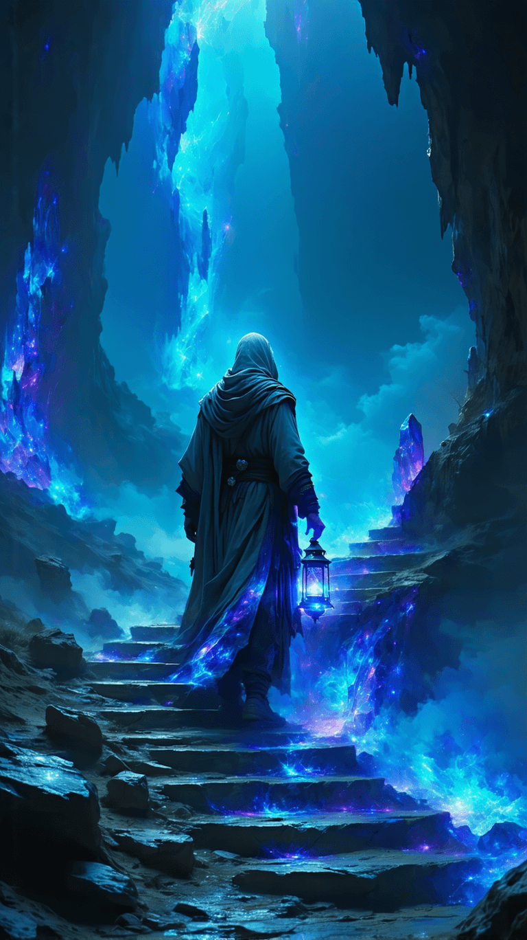 AI generated: A lone, mystical figure ascends a floating staircase of ancient stone, suspended in an ethereal void...
