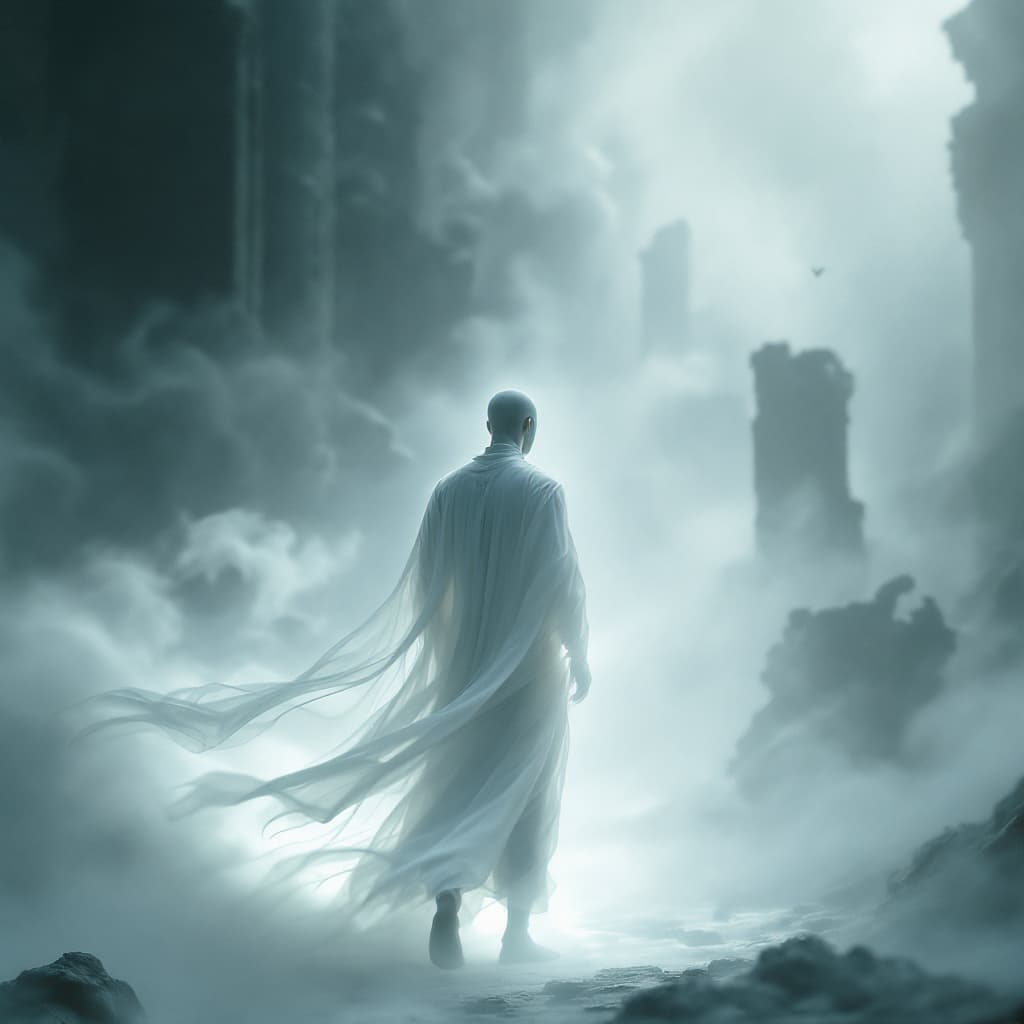 AI generated: A fine art, hyper-realistic, cinematic image of a man wearing a white long robe with his back to me ...