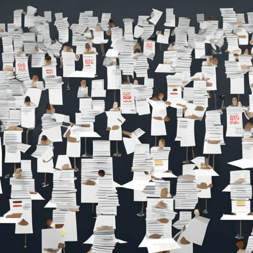 AI generated: crowded office with a lot of paper people stressed out 