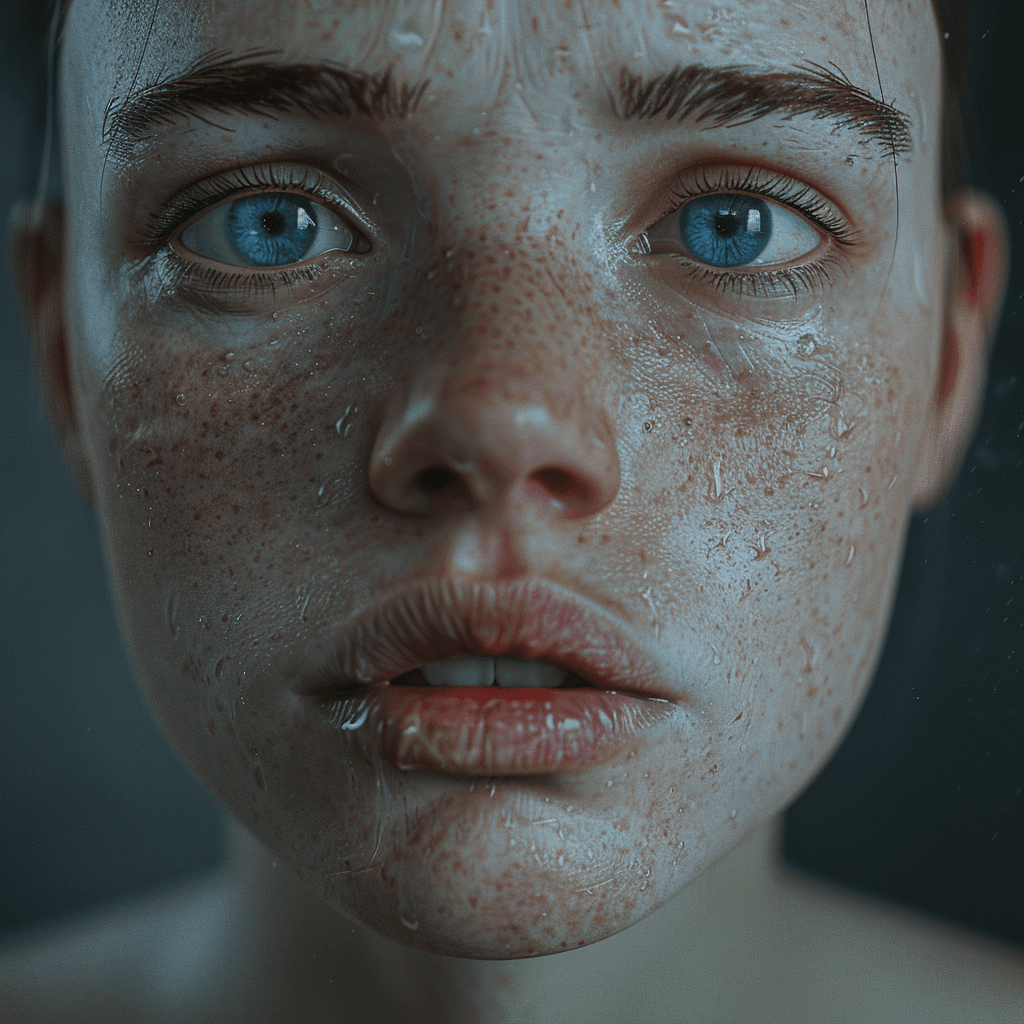 AI generated: hyper-realistic close-up image of a sad woman with blue eyes, fuller lips, and no hair --v 6.0 