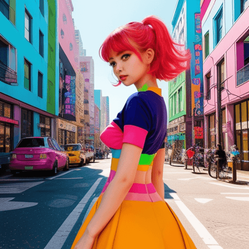 AI generated: waifu-inspired charming girl in a vibrant cityscape, vivid colors, colorful and dynamic palette, cur...