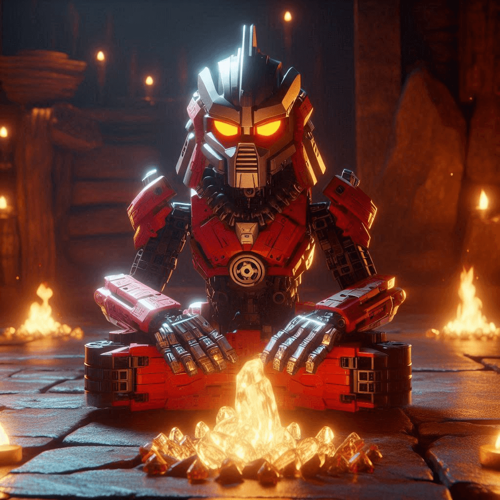 AI generated: Close-up Star Wars 4K cinematic CGI rendering of an ancient red Bionicle Matoran of Fire with orange...