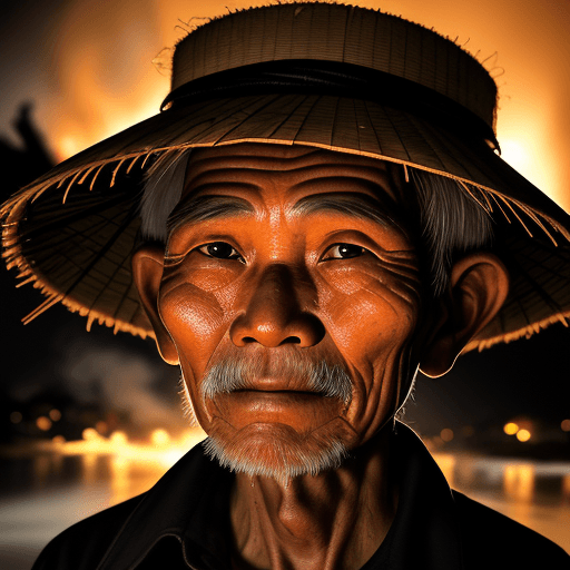 AI generated: A close-up of a Vietnamese old man's face, illuminated by the light of a fire, with a backdrop of a ...
