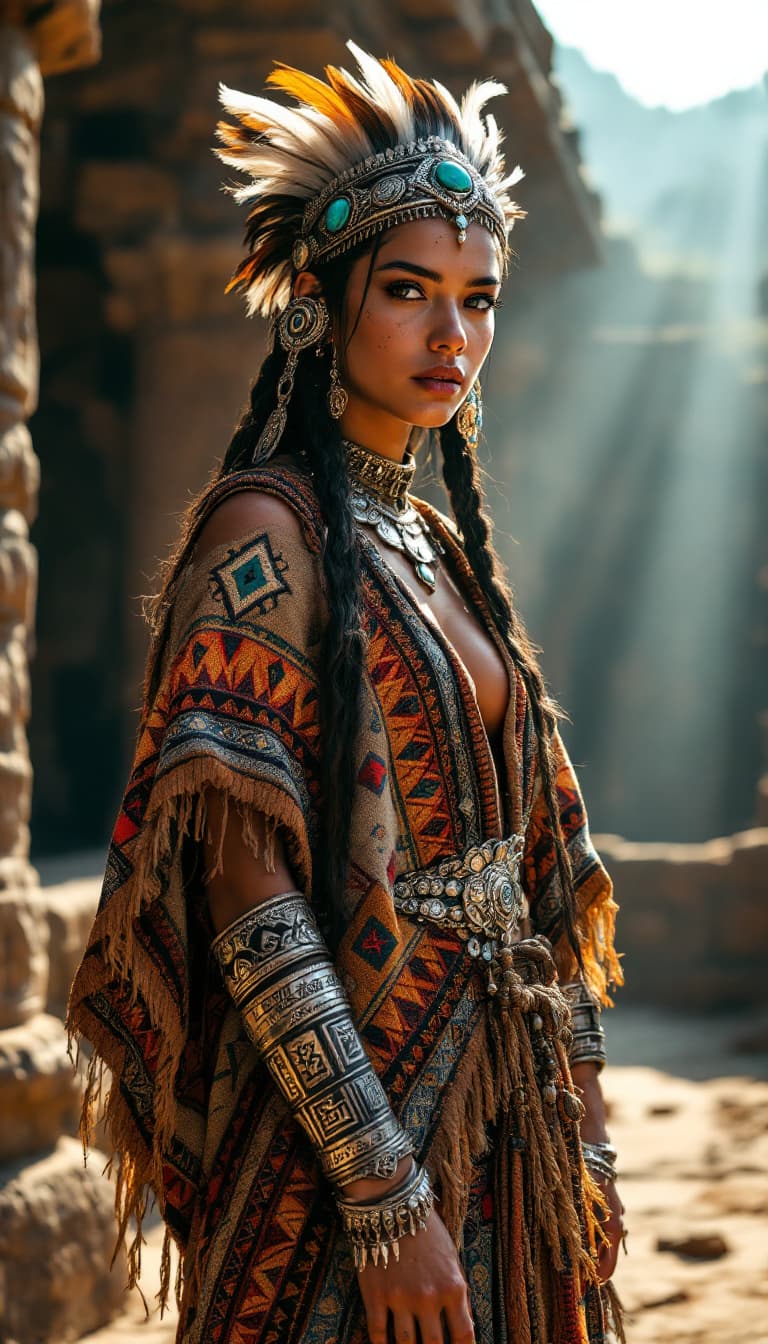 AI generated: A photo of a 21-year-old Incan High Priestess looking like Isabela Merced, super exposing a woven al...