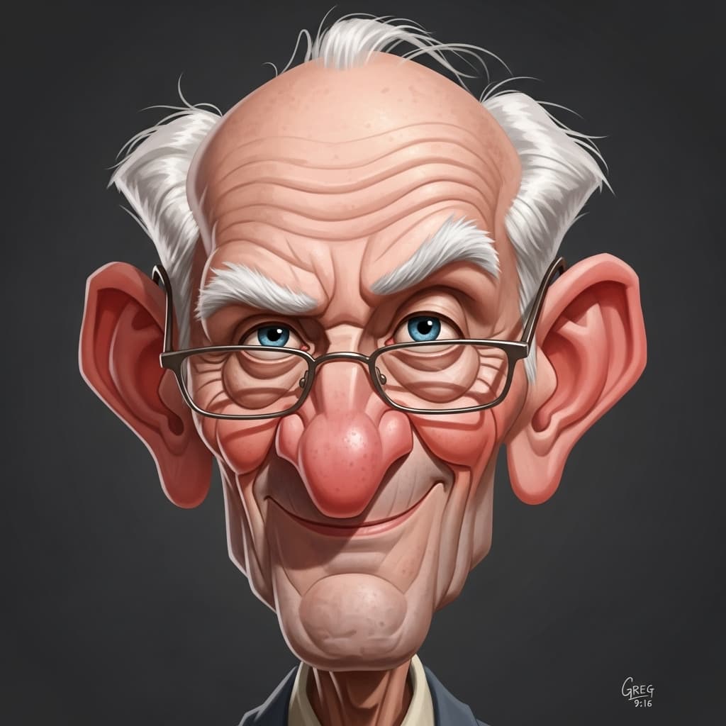 AI generated: Expressive caricature in pixar style unreal charming seemingly mischievous irritated very old man wi...