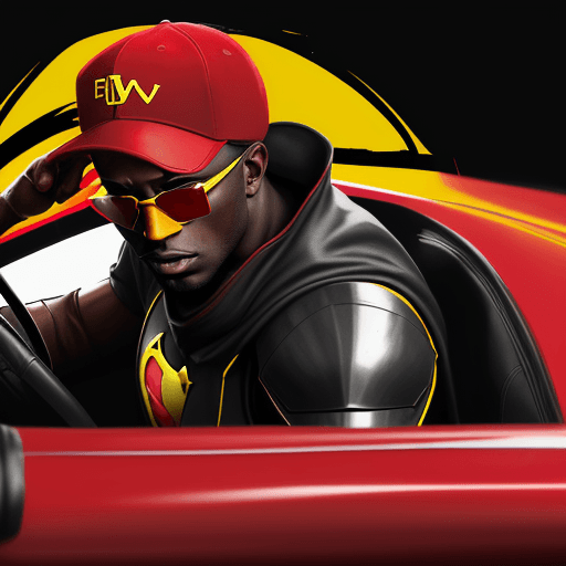 AI generated: A BLACKMAN in a red baseball cap, yellow sunglasses, in a dark red superhero knight armour suit with...