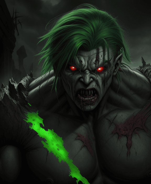 AI generated: Scary ancient Hulk IFemale superior ancient Strigoi vampire, green hair and red eyes,horror, ultra-d...