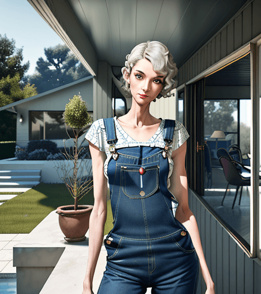 AI generated: slim, slender, looking at viewer, overalls, short hair, wavy hair, (masterpiece), (best quality:1.2)...