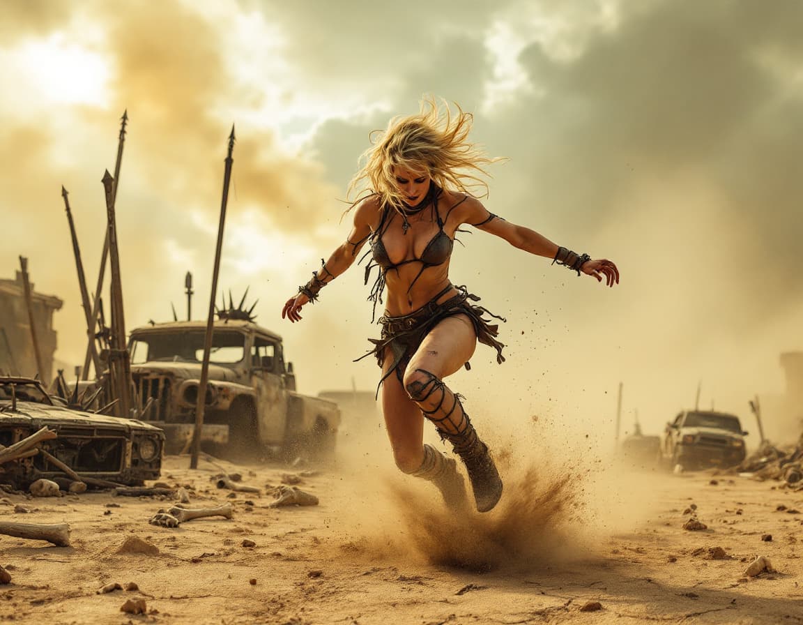 AI generated: In a scorched, post-apocalyptic wasteland, a blonde woman dances with explosive energy, her body lea...