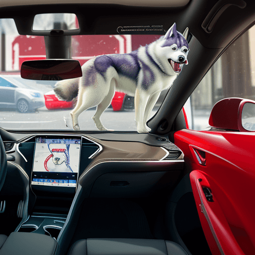 AI generated: one husky dog drivink a tesla cars in the espace and drinking 
cocacola
