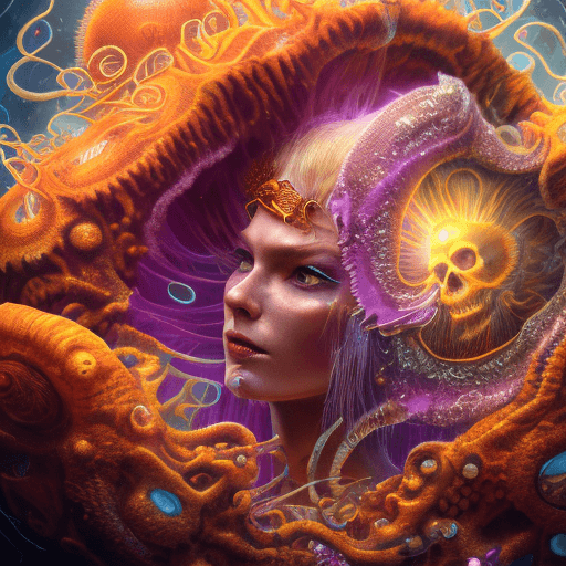 AI generated: goddess close-up portrait ribcagel. jellyfish phoenix head, nautilus, orchid, skull, betta an evil g...