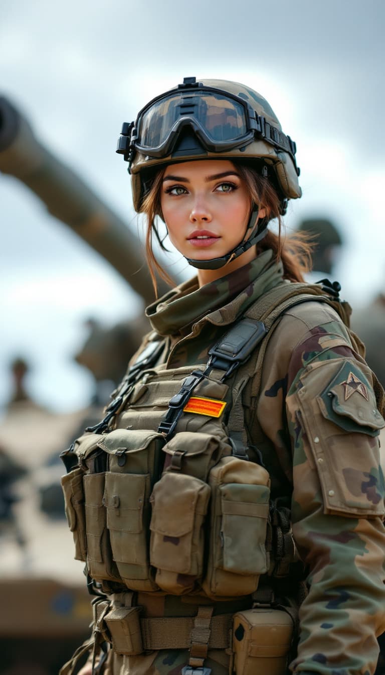 AI generated: nice female soldier standing behind an army TANK with military gear.