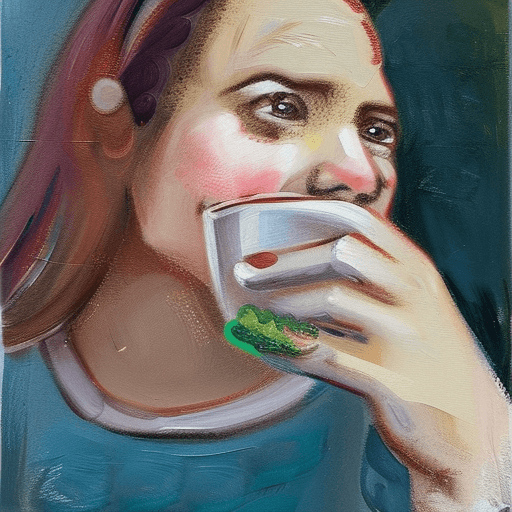 AI generated: A painting of a woman, sitting while eating pizza, natural lighting, highly details, natural look, m...