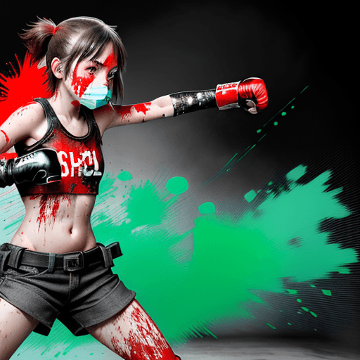 AI generated: a rebel girl standing in a fighting pose covered in red splashs with a runny nose and fists up deter...