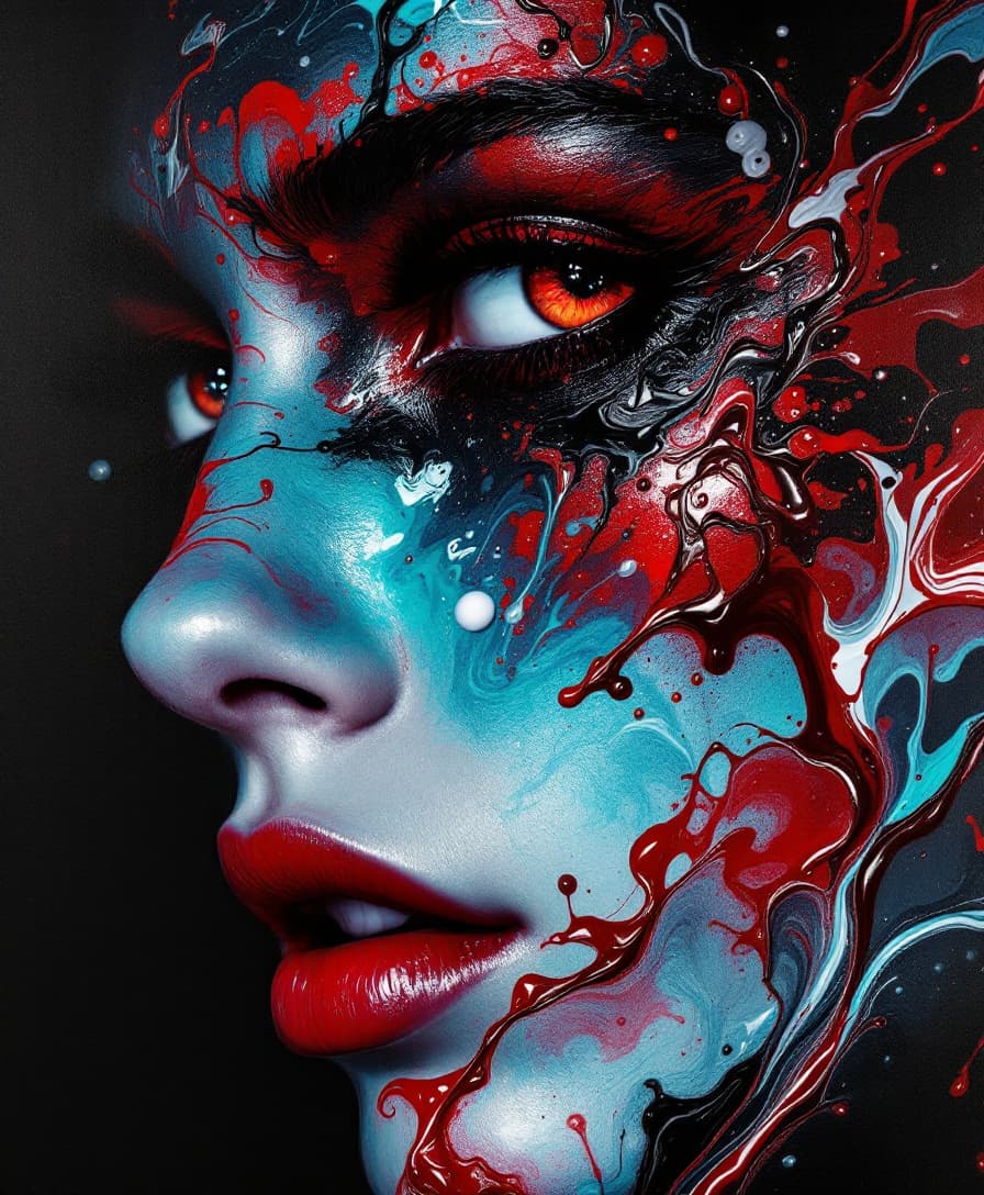 AI generated: A woman's face with red and blue paint on a dark black background in the style of fluid art. Red eye...