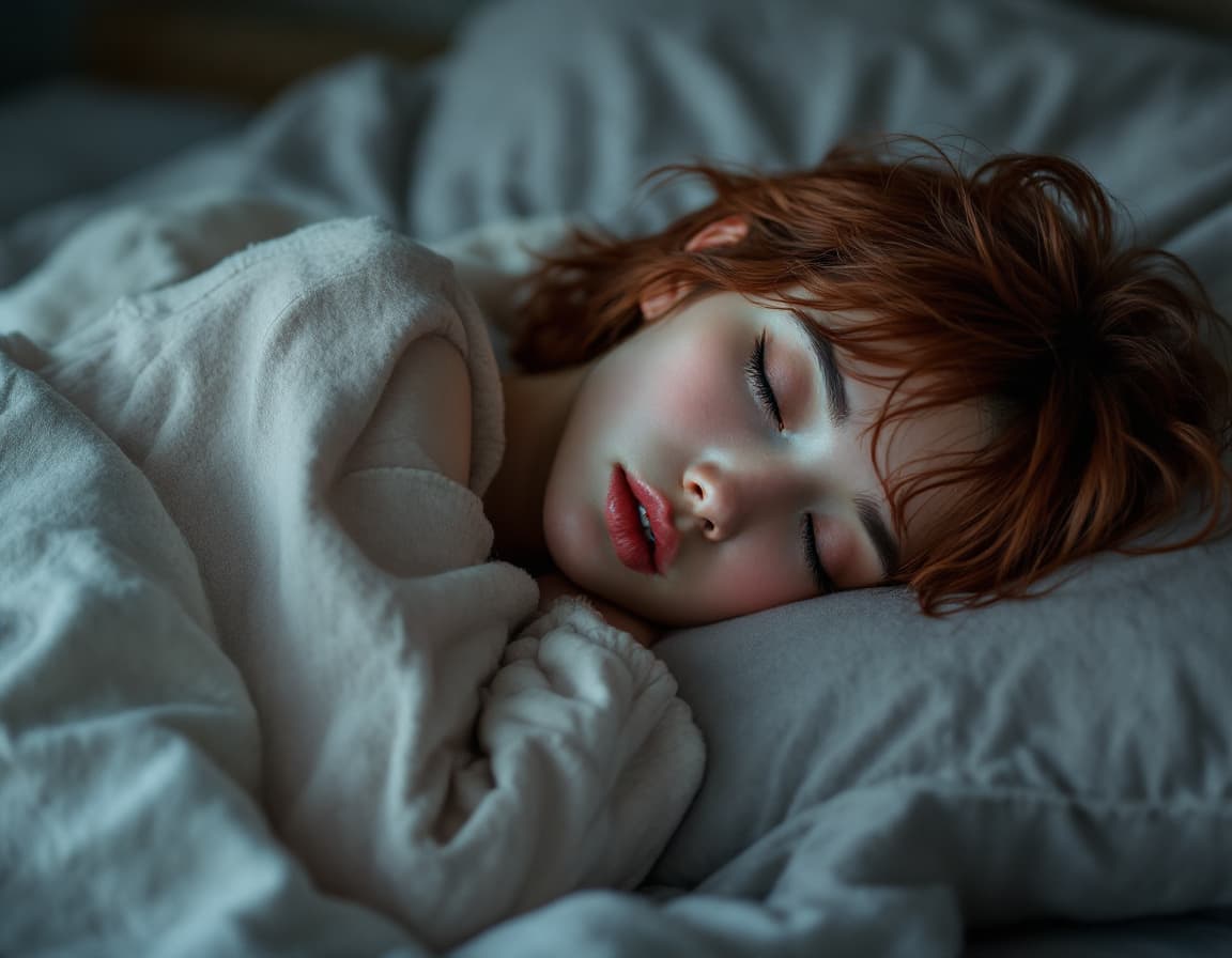 AI generated: female,short auburn hair, moody photo from behind, beautiful skinny 20 year old japanese girl sleepi...