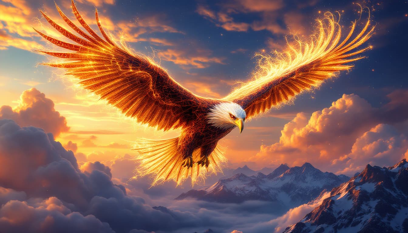 AI generated: This vibrant image depicts an American eagle soaring through a twilight sky, its feathers ablaze wit...