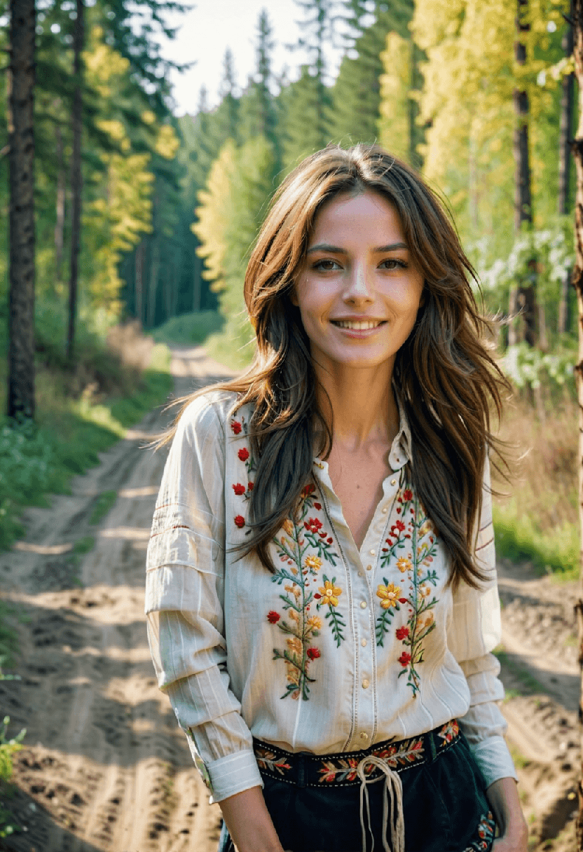AI generated: cinematic photo happy woman, long layered haircut, brunette hair, long sleeve blouse with embroidere...