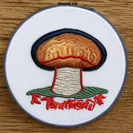AI generated: Hyper realistic embroidered mushroom identification merit badge design for professional embroidery m...