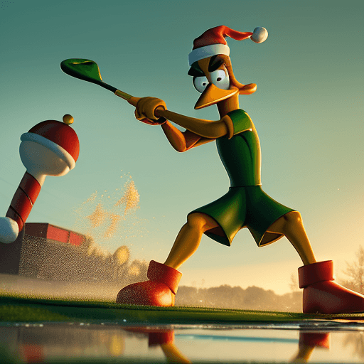 AI generated: Daffy Duck swinging golf clubs with Bender from Futurama on a waterlogged green, wearing Santa hats,...