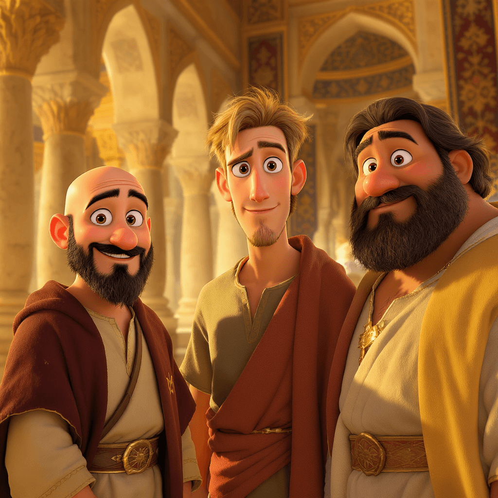 AI generated: A 3D animated scene in the style of Pixar, featuring the Three Wise Men standing together in a brigh...