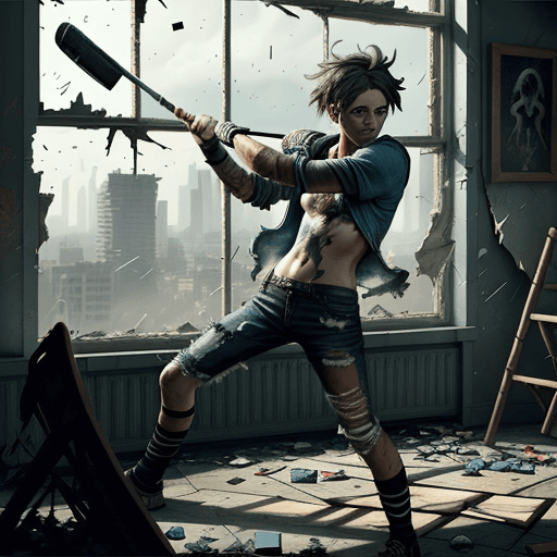 AI generated: A rebel in tattered clothes smashing a window with a club in magic the gathering art style 4k 60fps ...