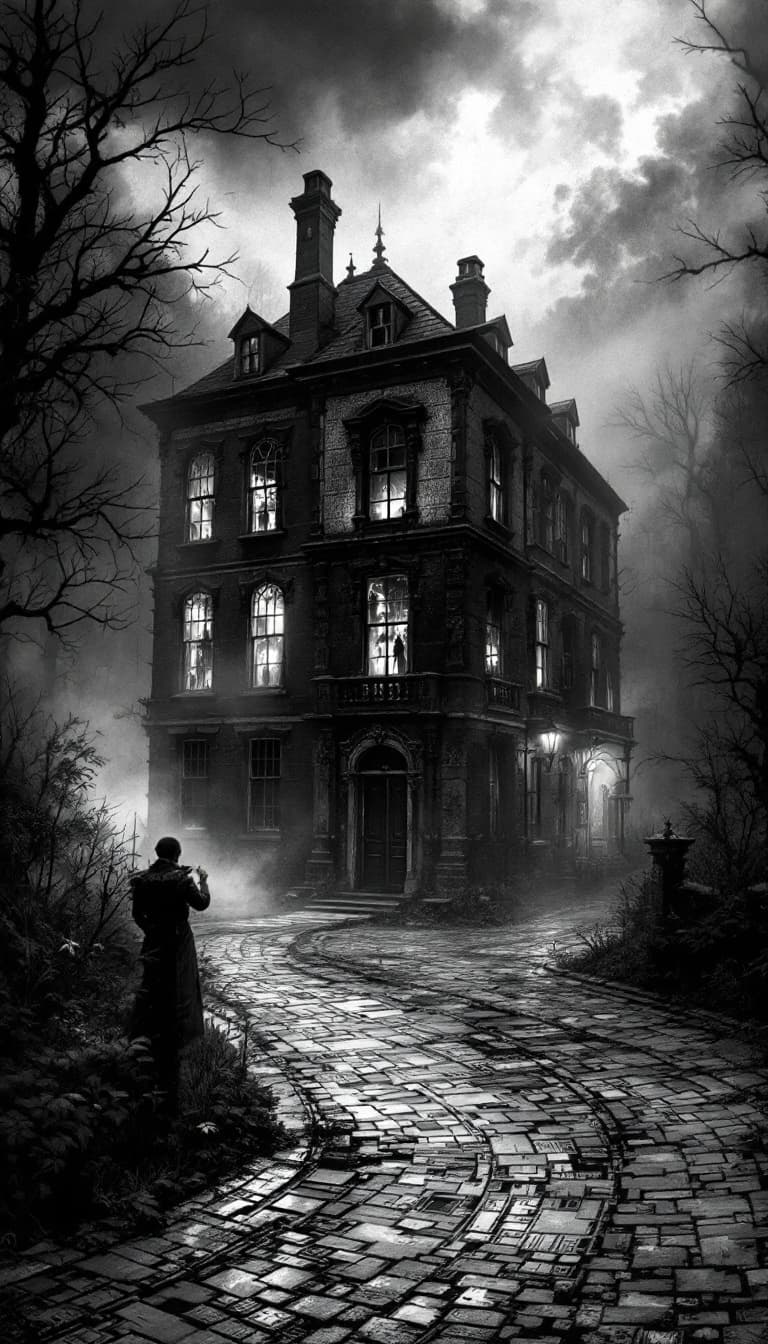 AI generated: An image in a Victorian Penny Dreadful comic style of a gloomy sketch of a three-story building, shr...