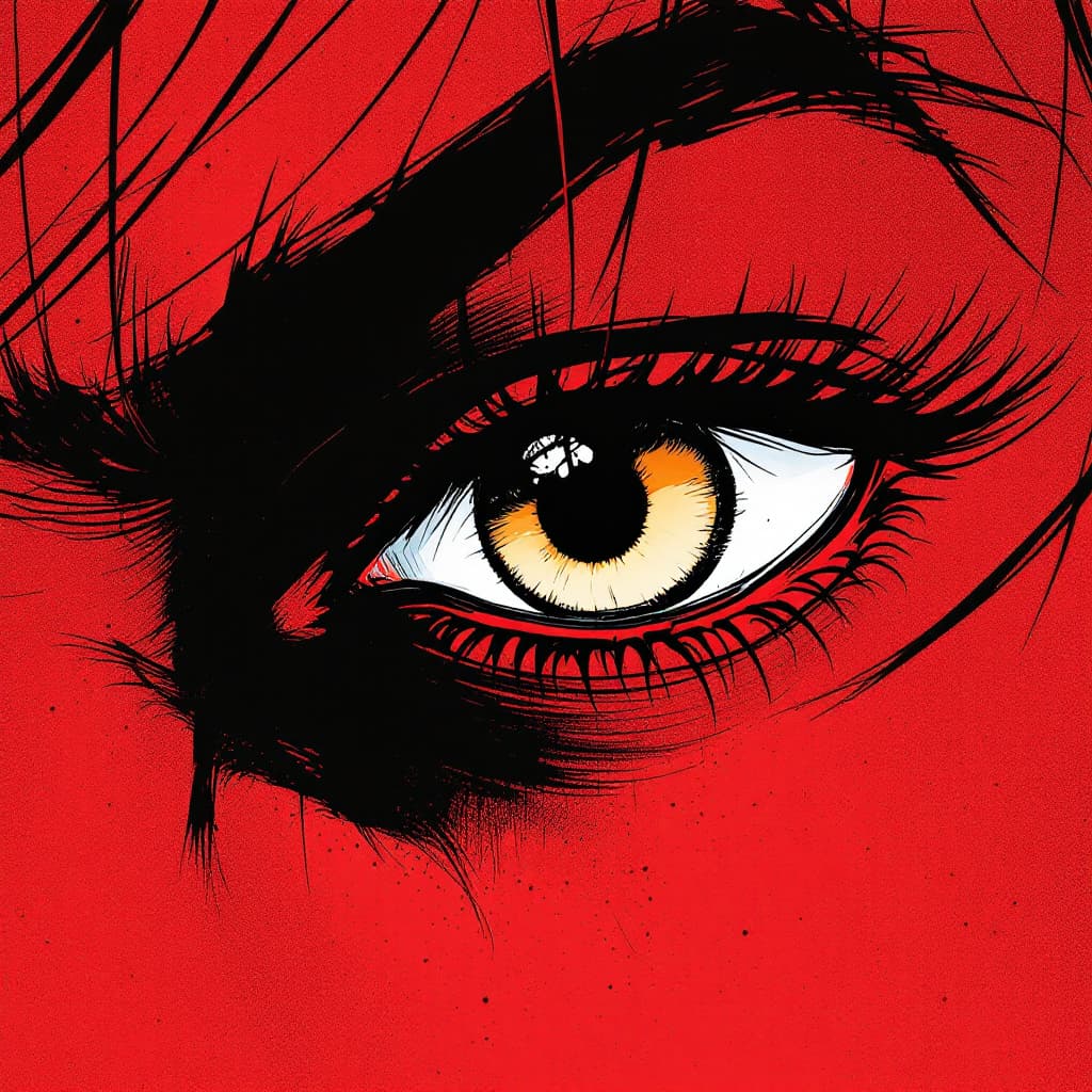 AI generated: manga panel of a close-up eye, intense, against a dark red background, in the style of Kentaro Miura...