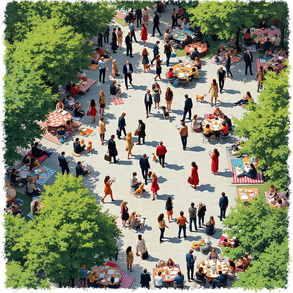 AI generated: image of a bustling urban park scene viewed from above, diverse groups of people engaged in various ...