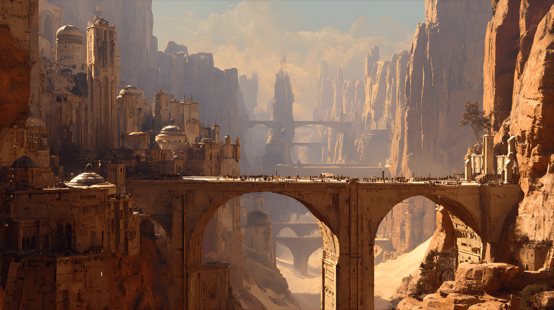 AI generated: vertical cityscape, cinematic, towering sandstone cliffs housing futuristic structures, massive arch...