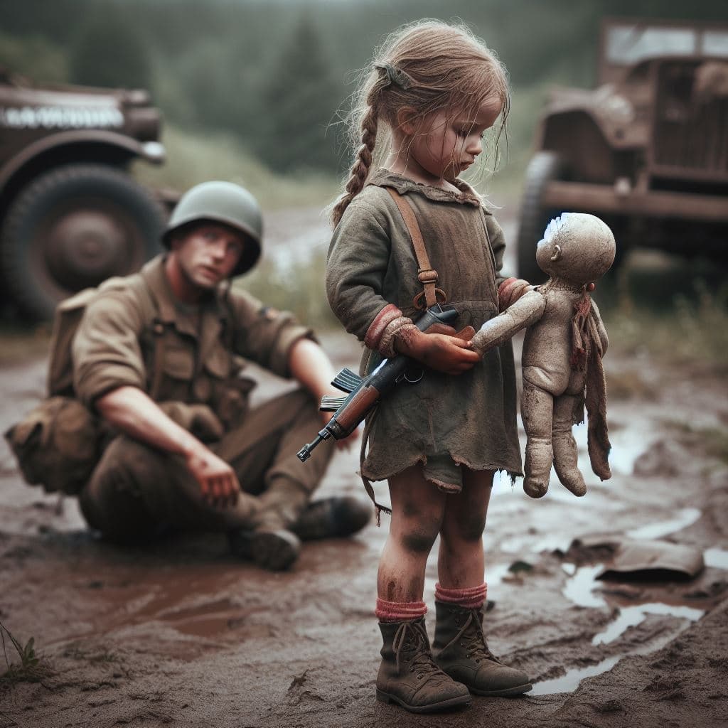 AI generated: A small girl in dirty outfit holding a broken doll is standing in front of a ww2 soldier