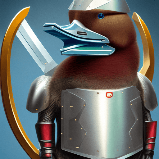 AI generated: Portrait of a humanoid duck wearing scale armor, a metal shield and a sheathed sword. It is 1 meter ...