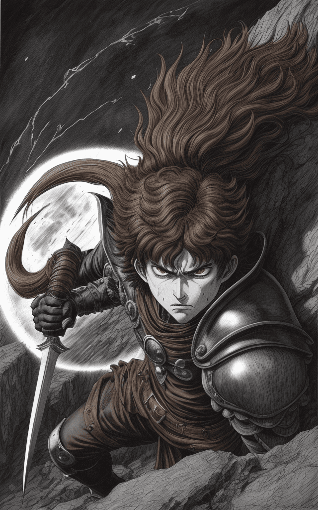 AI generated: monochrome, a man with big eyes, brown hair with tuft, in golden armor, badly injured, manga, ((with...