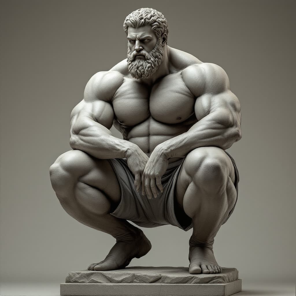 AI generated: I want a large regal statue just from the waist down, of man doing a squat. no head or torso I want ...