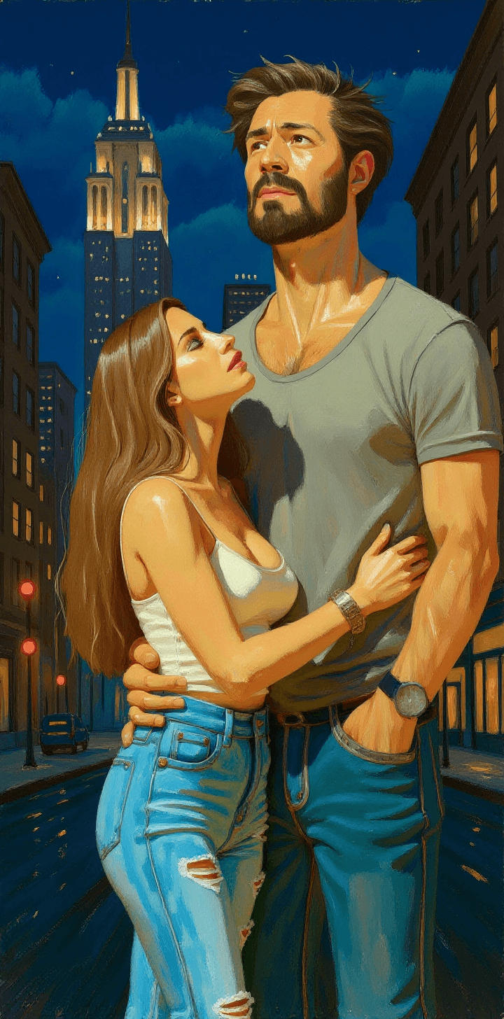AI generated: a painting of a woman and her tall handsome husband standing in New York city street at summer night...