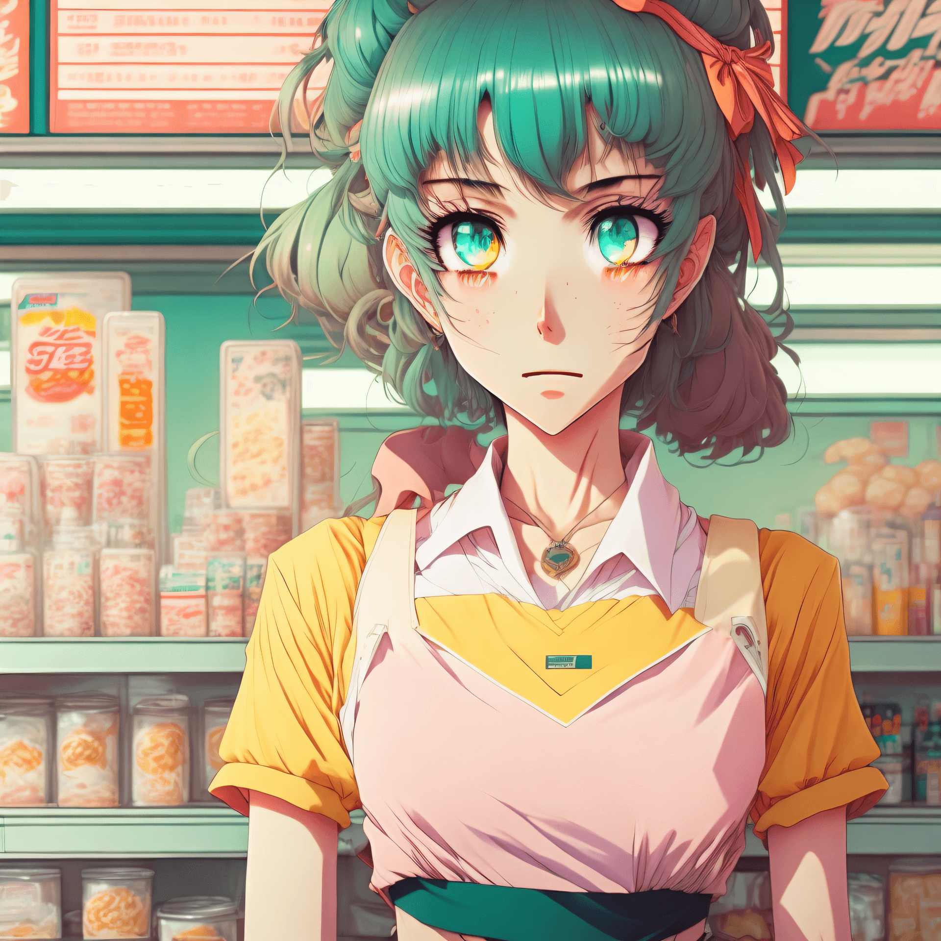 AI generated: from behind, doe eyes, Vintage 90's anime style. anime girl posing in convenience store., sci-fi. Co...