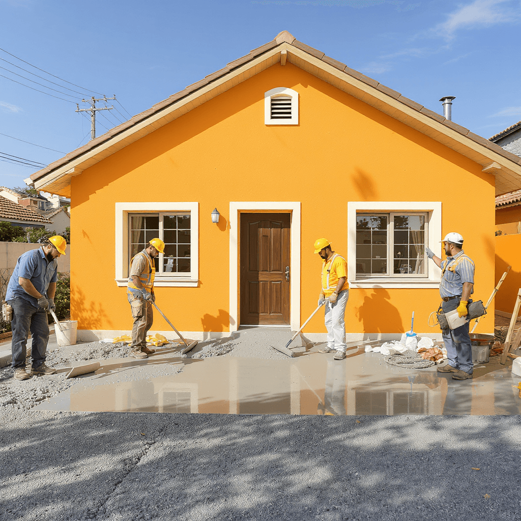 AI generated: Genera dos imágenes: la 1ª. De una casa color naranja sin banqueta de tono menos brillante que la 2d...