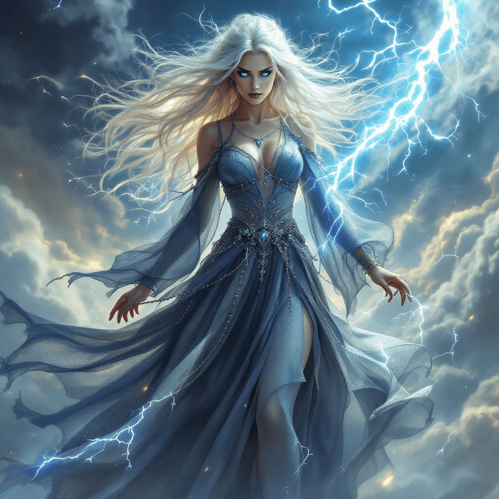 AI generated: A powerful sorceress with long, flowing, platinum blonde hair, whipped by the wind and adorned with ...