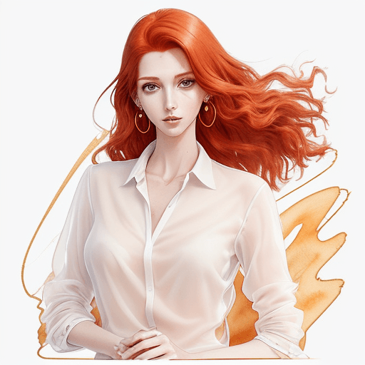 AI generated: simple cartoon heavenly red hair, in a transparent dress, shirt-type shirt, long legs, white sneaker...
