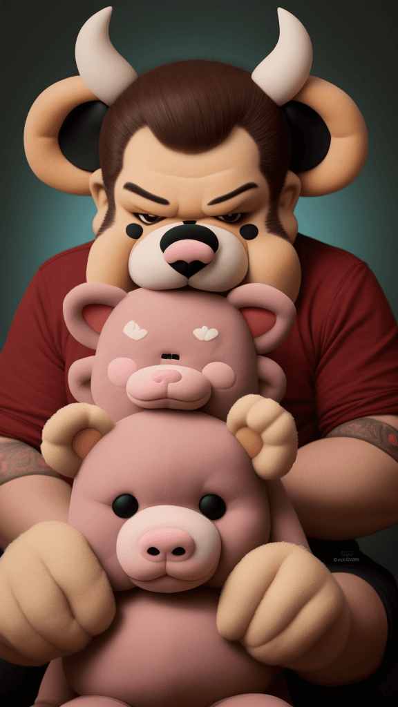 AI generated: cara de un peluche oso malo riendose diabolico con la nariz de cerdo 